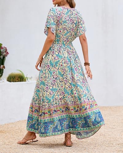 Image of R.Vivimos Women's Summer V Neck Maxi Dress Boho Floral Print Short Sleeve Elastic Waist Ruffle Patchwork A-Line Beach Dress