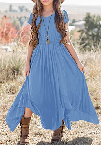 Mitilly Girls Boho Lace Flower Backless Crew Neck Short Sleeve Ruffle Swing Maxi Dress With Pockets 12 Years Light Blue #TOP1