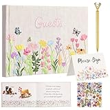 Ctosree Wedding Guest Book with Pens Wildflowers Embroidered Fabric Photo Album, Hard Cover Guest Book Wedding...