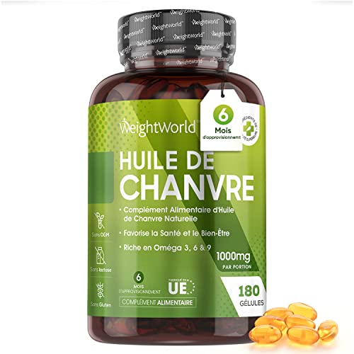 Huile de Chanvre 1000 mg, 180 Gélules, Pressée à Froid - Dose Extra Forte d'Huile de Graines de Chanvre Pure (Cannabis Sativa) avec Vitamine E - Source d'Acides Gras Essentiels, Omega 3 6 9