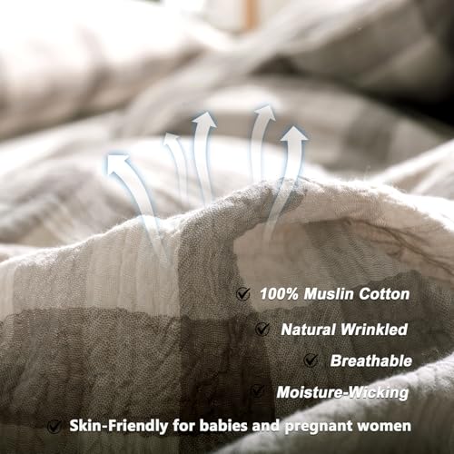 Image of VM VOUGEMARKET King Duvet Cover Set Beige Grey Plaid Bedding Set Soft Breathable 3 Layers Muslin Cotton Linen Like Gauze Comforter Cover with Zipper Closure-3 Pieces,104 inchx90 inch