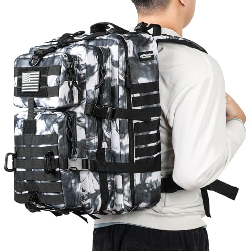 Image of Hannibal Tactical MOLLE Assault Backpack, Tactical Backpack Military Army Camping Rucksack, 3-Day Pack Trip w /USA Flag Patch, D-Rings, Black White camo