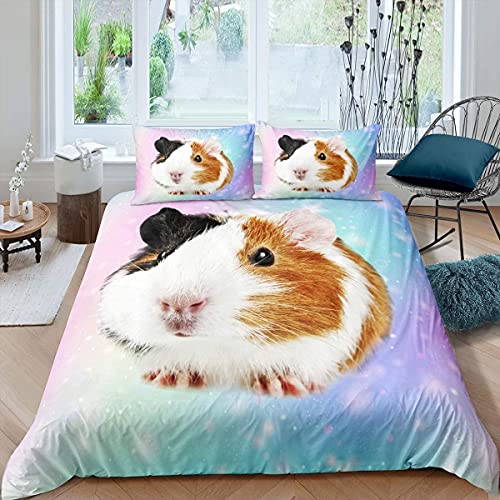 Housse de Couette 140x200 Cochon d'Inde Mignon Animal Parure de Lit Ciel étoilé 1 Personne en Microfibre Douce Imprimée 3D avec Fermeture Éclair, avec 2 Taies d'oreiller 65x65 cm Cover