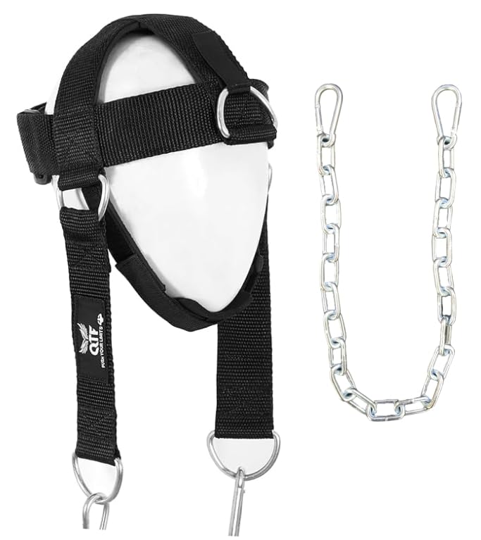 QTF Adjustable Head Harness Dipping Neck Builder with D-Hook Attachment Thick Neoprene Padded Chin & Head Straps Neck Exerciser for Neck Workout Head Harness for Weight Lifting (Black)
