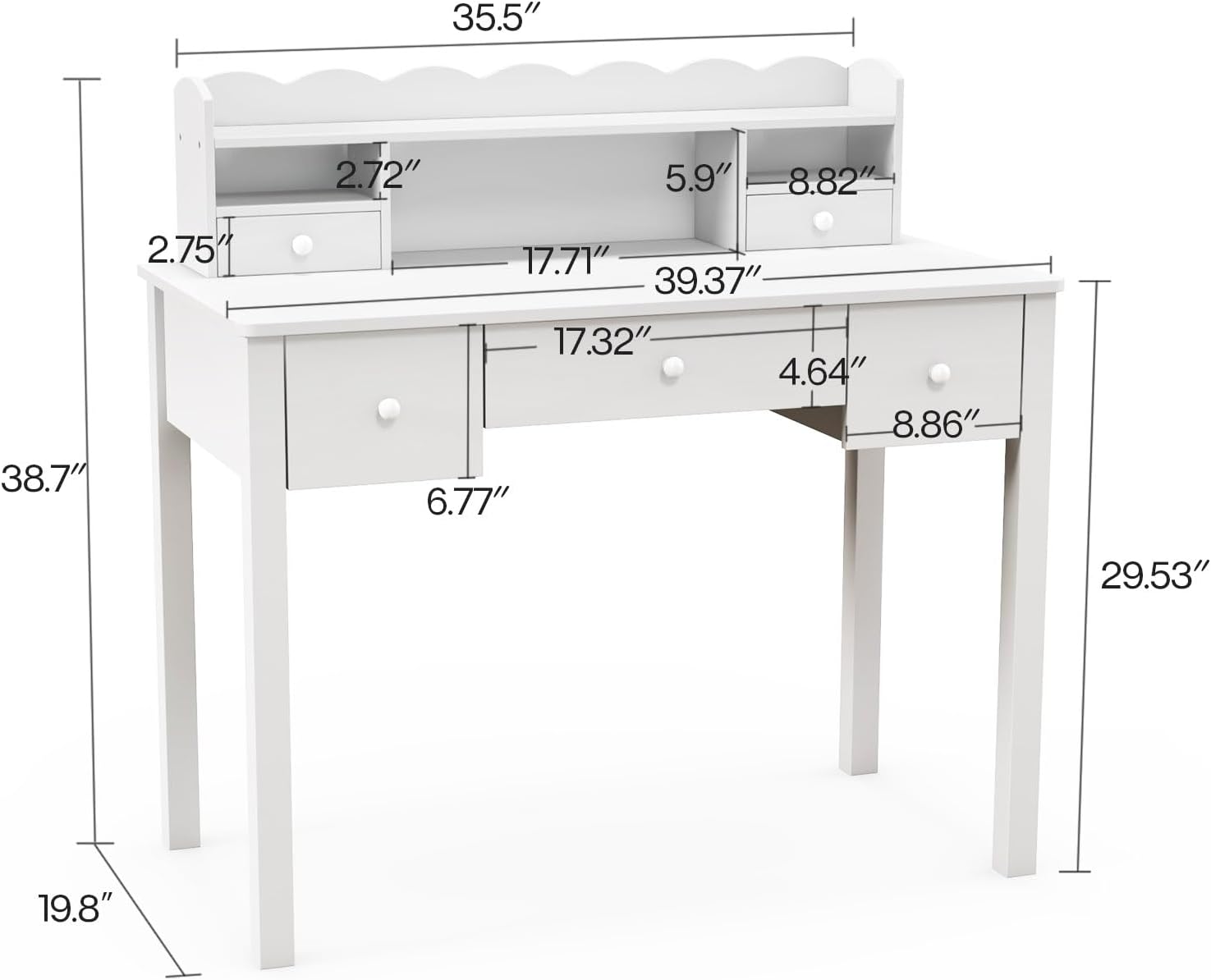 White Writing Desk with Hutch & 5 Drawers - 40 Inch Modern Computer Workstation for Home Office, Teen Desk, Small Study Desk, Ideal for Gift