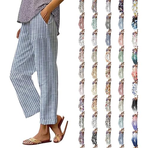 PETCDIM Stripe Linen Pants Women, Casual Boho Floral Print Cotton Linen Pants Fashion Wide Leg Stripe Lounge Pant XL G-Blue