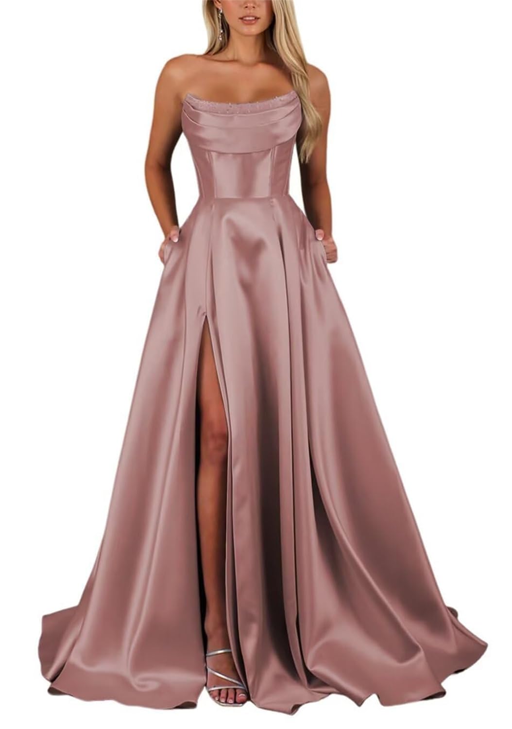 KIYNE Dusty Rose Prom Dresses with Slit for Teens A Line Ball Gown Corset Off Shoulder Satin Celebrity Pageant Party Dress UK12