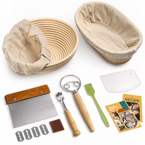 Comparison: Best Bowls For Sourdough 4 RORECAY Bread Banneton Proofing Basket Set, 9 Inch Round & 10 Inch Oval Cane Sourdough Baskets with Dough Whisk Bread Lame Dough Scraper Bowl Scraper Silicone Brush Sourdough Bread Baking Supplies