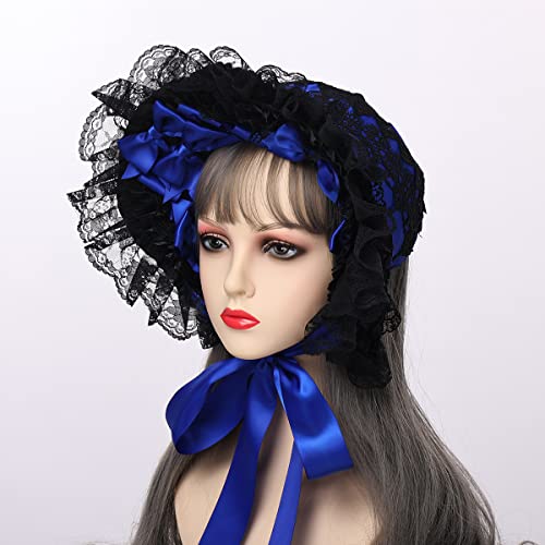 COSDREAMER Girls Women Victorian Bonnets Lace Flowers Tea Party Hats (Black blue) - Image 4