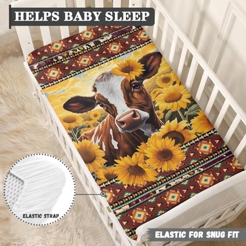 Image of Sunflower Cow Fitted Crib Sheet for Baby Girls Boys Bed Sheet Set Southwest Aztec Toddler Mattress Sheets for Standard Crib 28 inch x 52 inch Nursery Bedding Sets