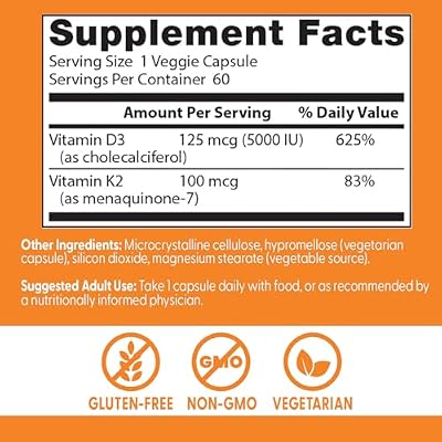 Doctor's Best Vitamin D3 and K2 Supplement for Men & Women - Vitamin D3 5000 IU + K2 as MK-7, Bone Health Support, Gluten Free, Non GMO, Vegetarian Capsules - 60 Veg Caps