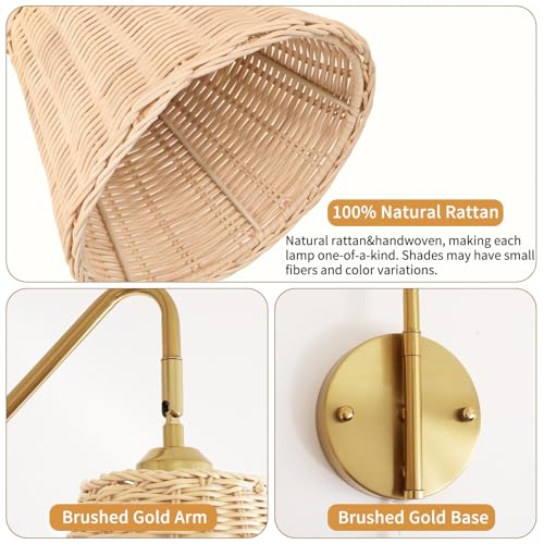 Image of Boho Battery Operated Wall Sconce, 100% Natural Rattan Wall Sconces Set of Two Battery Operated, Adjustable Battery Wall Sconce, Remote Rechargeable Sconce, Wirless Battery Sconces for Bedroom