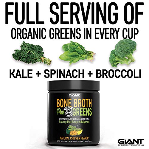 Giant Sports Bone Broth Plus Greens & Collagen Peptides Protein Powder | USDA Certified Organic | For Healthy Skin, Nails, Hair, Joints & Digestion | Keto Friendly | Natural Chicken Flavor 14 Servings