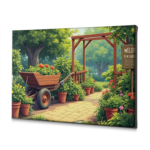 Tableau sur toile salle de bain fleurs et chariot en bois 20x30 cm