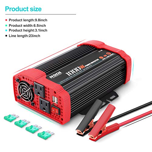 NDDI 1000W Car Power Inverter 12V DC to 110V AC Converter with Dual AC Outlets and 3.1A Quick Charging USB Port Car Adapter