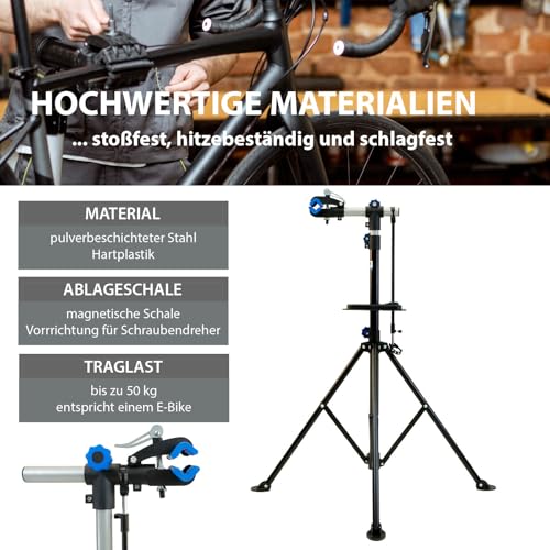 TRUTZHOLM Fahrradmontageständer 360° drehbar höhenverstellbar 50 kg Traglast Stahl mit magnetischer Werkzeugablage schwarz für Fahrräder Mountainbikes E-Bikes