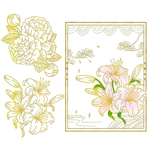 GLOBLELAND 2Pcs Peony Lily Flower Hot Foil Plate Leaves Metal Foil Plates Dies Emboss templates for Card Making DIY Scrapbooking Photo Album Decorative
