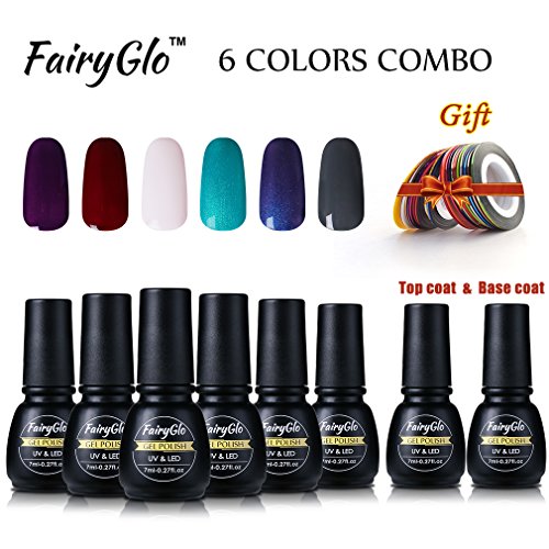 Gel Nail Polish 6PCS Top Base Coat Strip tape Rolls Nail Art Collection UV LED Soak Off Manicure Starter Kit DIY FairyGlo 7ml 00003