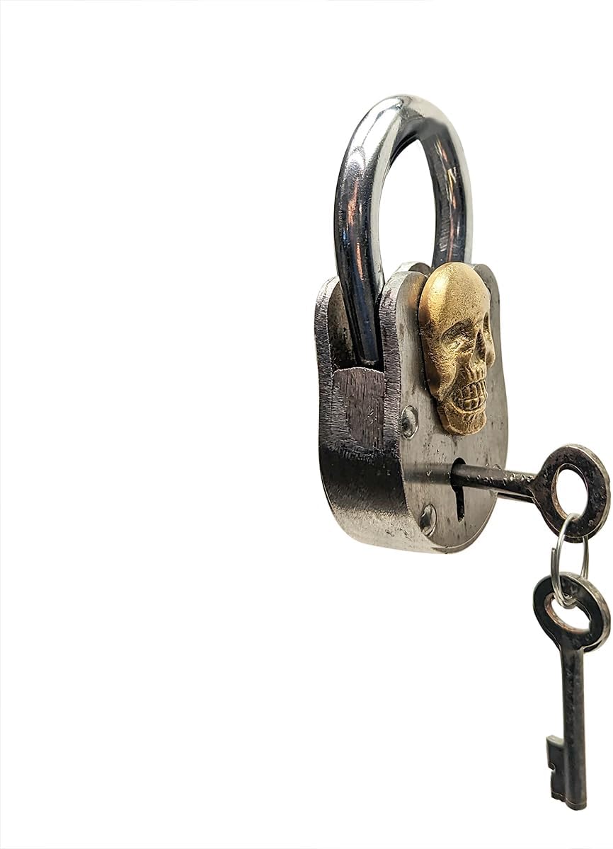Heavy Duty Skull Padlock Cast Iron Metal Locker Treasure Chest Key Lock 2 Skeleton Keys Home Decor