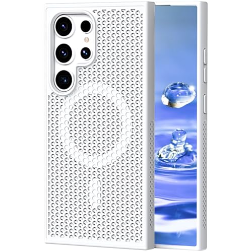 Ysnzaq Magnetic Case for Samsung Galaxy S23 Ultra (Not S23), Mesh Breathable Heat Dissipation Cooling Design Slim Fit Hard PC Shockproof Protective Cover for Samsung Galaxy S23 Ultra. SR-White