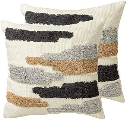 Ququanway Boho Neutral Throw Pillow Covers 18x18 inch Set of 2, Tribal Bohemian Woven Tufted Pillowcase with Tassels Super Soft Square Pillow Pillowcase Cushion Case for Sofa Couch Bedroom Living Room