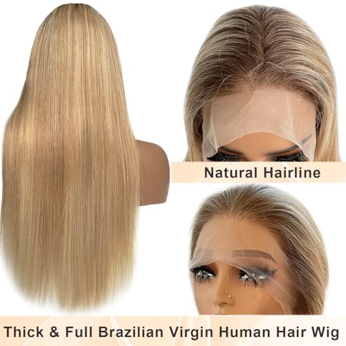 Image of Ombre Golden Blonde Highlights Lace Front Wig Human Hair for White Women 28 Inch Pre Plucked 13x6 HD Transparent Lace Frontal Human Hair Wig with Brown Roots Straight 180% Density Glueless Wigs