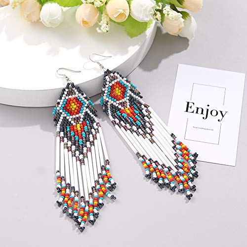 Coeufuedy Long Beaded Tassel Earrings Bohemian Fringe Drop Handmade Seed Bead Statement Earring for Women Girls3