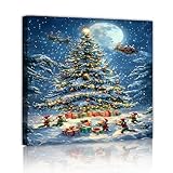 ヴィンテージクリスマスプリントトナカイソリプリント 冬雪のフェアリーランドプリント 風景画 クリスマスデコレーション クリスマスツリーウォールアート70x70cm