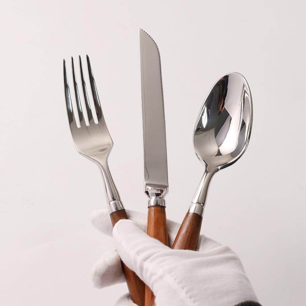 Rosso Cannella Legno Manico Cucina Acciaio Inox Argenteria Stoviglie Posate Set Bistecca Coltello Forchetta Cucchiaio Cucchiaino (Argento,5 pezzi)