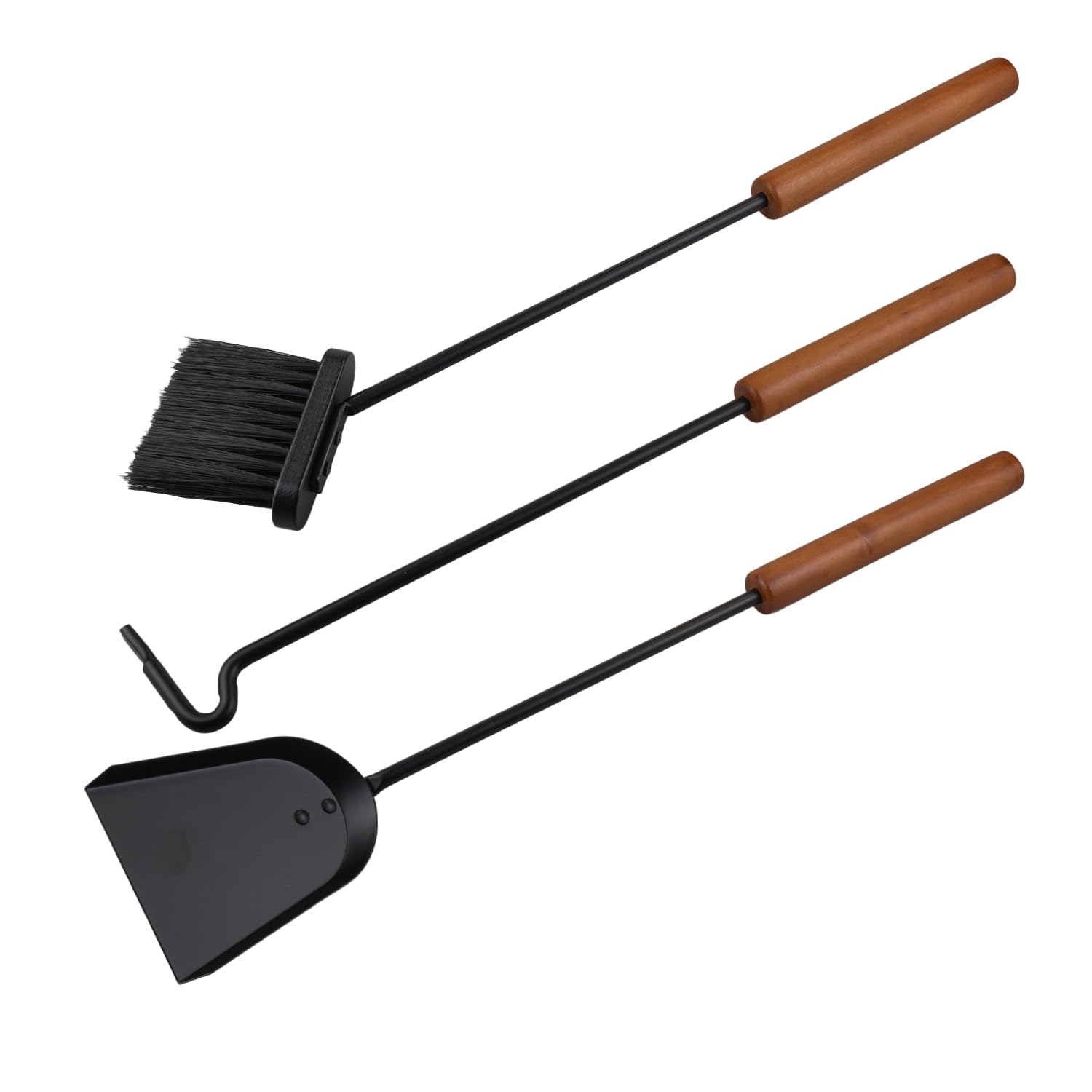 Raik Kaminbesteck Benno 3-teilig Stahl Schwarz mit langen Holzgriffen Feuerstellen-Zubehör-Set mit Schürhaken, Besen und Schaufel modernes Design, langlebig und stabil