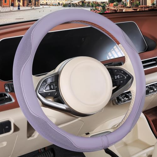 Binsheo Nappa Leather Purple Steering Wheel Cover Advanced Microfiber Leather Non-Slip Breathable Fabric Warm in Winter and Cool in Summer Universal 15 inch