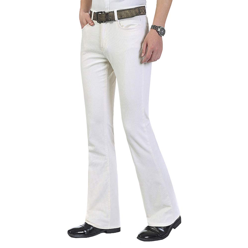 HAORUN Men Corduroy Bell Bottom Flares Pants Slim Fit 60s 70s Vintage Bootcut Trousers Cream White