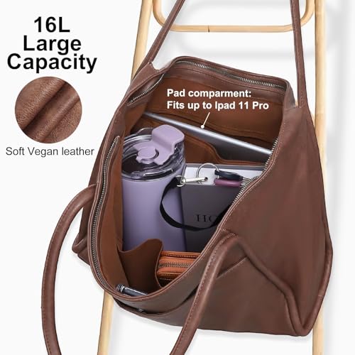 Image of Large Tote Bag for Women Work with Zipper 16L Vegan Leather Ladies Travel Purses and Handbags