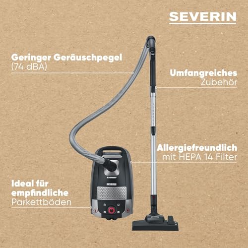 SEVERIN Testsieger Bodenstaubsauger mit Beutel, „Home & Car“, 24kPa, leistungsstark, Allergiefilter, Bodendüse, vielseitigem Zubehör, 4L, 850 W, schwarz, BC 7052