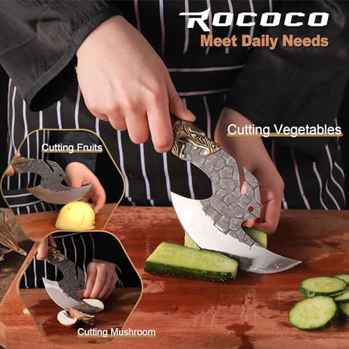 ROCOCO Viking Cleaver Knife Butcher Meat Cutting Boning Knife Hand Forged Chinese Kitchen Axe with Sheath Home Outdoor BBQ Camping Chirstmas Birthday Mother Father Gift Men - Image 3