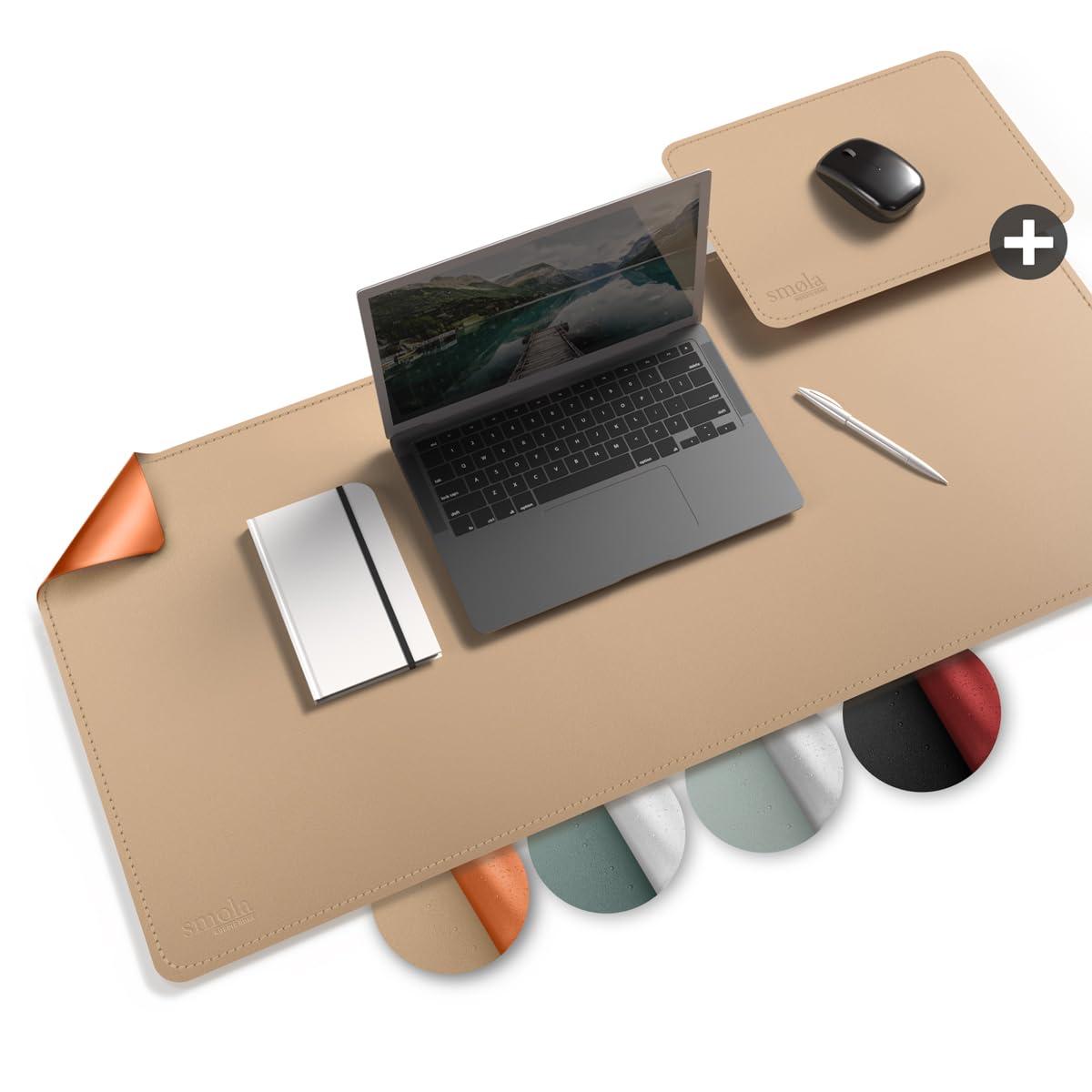 Sottomano da scrivania in pelle PU 85x40 cm lavabile double face sabbia-beige/cognac