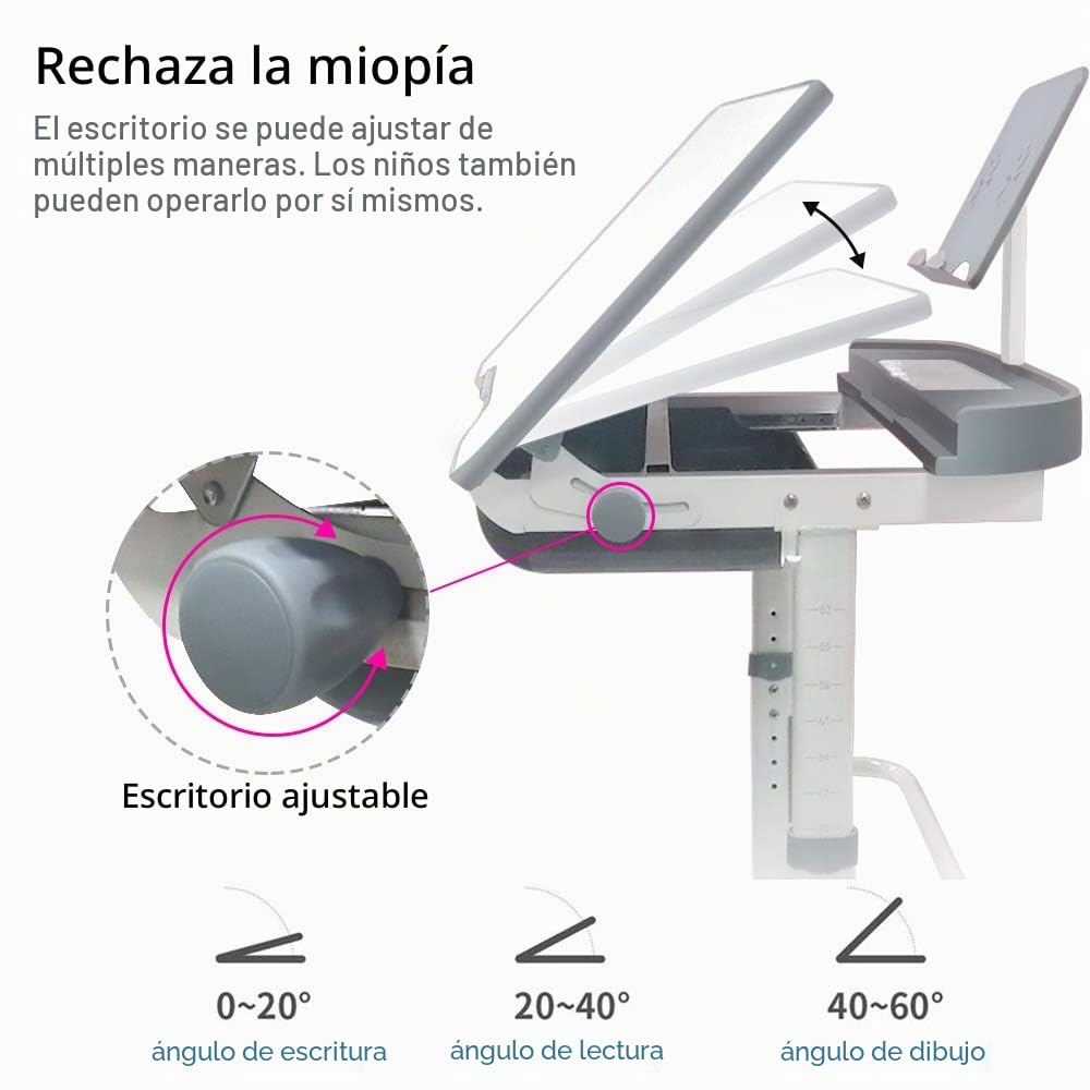 Yinleader Kids Juego de escritorio y silla para niños, mesa ajustable con lámpara de protección visual, soporte para libros, escritorio basculante ideal para escribir, leer y dibujar (gris)