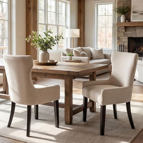 DM Furniture Upholstered Dining Chair Set of 2, Thick Padded Kitchen Accent Chairs with Wingback & Low Arms, Comfortable Seating for Dining Room & Kitchen, Solid Rubberwood Legs, Beige Chenille