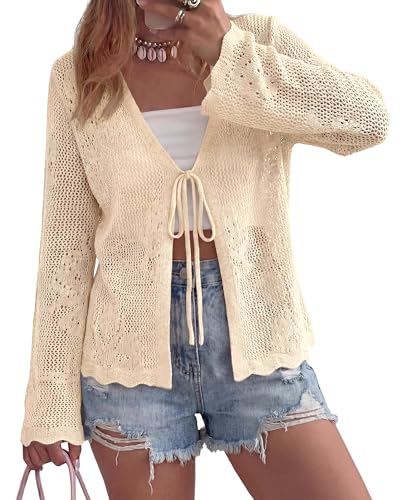 BTFBM Summer Cardigans for Women Lightweight 2026 Spring Crochet Hollow Out Long Sleeve Tie Front Beach Vacation Coverups(Apricot X-Large)