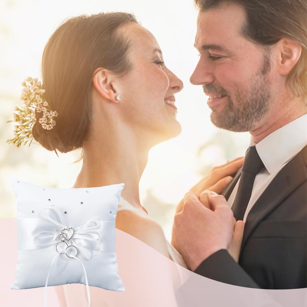 GORGECRAFT Wedding Ring Pillow Holder 7.5x7.4x2.8 inch White Lace Bow Ribbon Heart Rhinestones Rings Pillow Bearer Cushion for Wedding Party Decoration Proposal Ceremony Anniversary