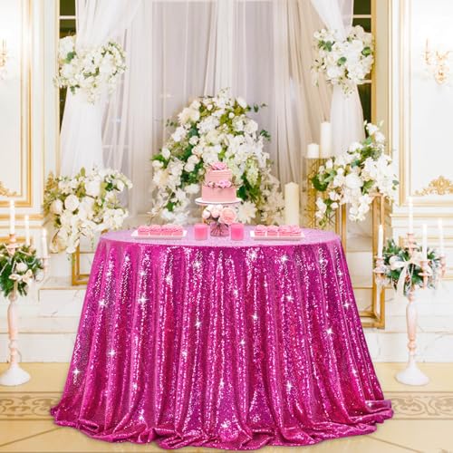 Image of B-COOL Round Sequin Tablecloth Party Decorations: 132 Inch Fuchsia Table Cloth Glitter Fabric Overlay for Indoor Outdoor Dining Parties Home