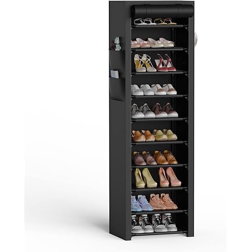 VTRIN Vertical Narrow Shoe Rack Organizer 10 Tier Tall Shoe Shelf Holds 20-22 Pairs with Non-Woven Dustproof Cover for Closet, Entryway Black