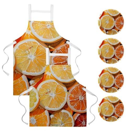 Tabliers de cuisine citron orange pour cuisiner en famille sans se tacher le week-end