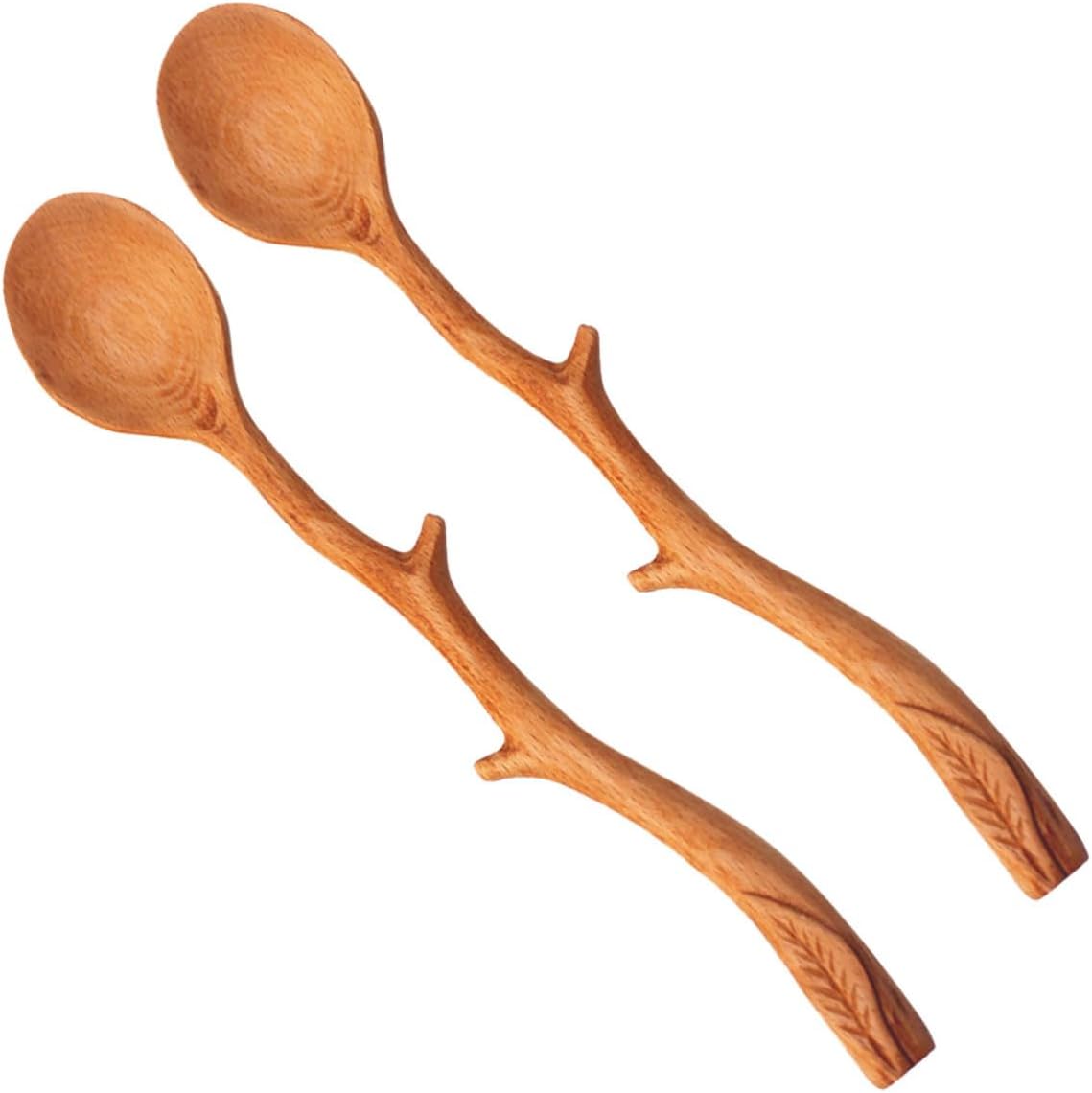 Cabilock 2pcs Wooden Long Handle Mixing Spoons with Ergonomic Design for Daily Use and Home, Versatile Coffee and Tea Stirring Spoons with Traditional Style