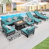 BULEXYARD 11 Piece Large Modern Aluminum Outdoor Sofa with Lounge Chair & Fire Pit Table, 500 lbs Durable Sectional Set for Heavy People, All Weather Comfy Patio Furniture Set for Backyard, Turquoise