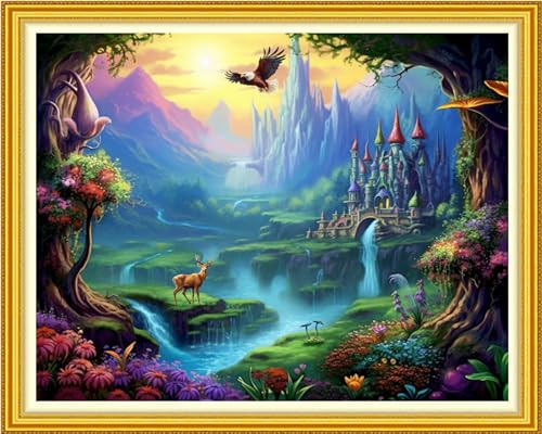 Image of Funchey Stamped Cross Stitch Kits, DIY Cross Stitch Pattern for Adults Beginners Needlepoint Kits Embroidery Kit Arts and Crafts 11CT-A Fairyland on Earth 16x20 inch