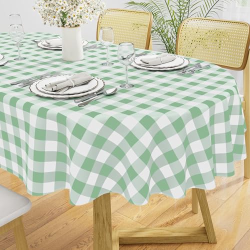 Image of misaya Oval Waterproof Vinyl Table Cloth, Buffalo Flannel Backed Tablecloth, Wipeable Plastic Table Cover for Dinner, Kitchen, Outdoor (60 inch x 84 inch, Sage Green and White)