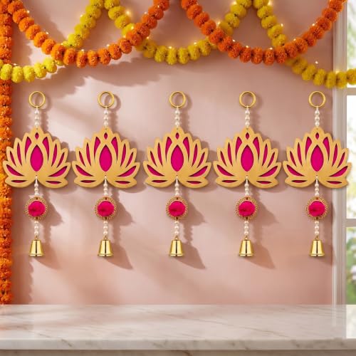 Image of JH Gallery Golden Bell Lotus for Ganpati Decoration Setup for Home - Handmade Ganesh Chaturthi Backdrop, Pooja Room, Mandir & Main Door Toran (24 Inch, Pack of 5)