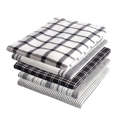 Tea Towels - 100% Cotton Kitchen Tea towels with Highly Super Absorbent Tea Towels set, Soft Hand Towels, Lint Free, Quick Dry, Long Lasting 70 x 50 cm - Pack of 5 (Grey)
