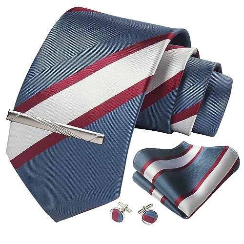 Image of Striped Plaid Polka Dot Mens Tie Formal Necktie Pocket Squares Ties Clips Cufflinks Classic for Men Set